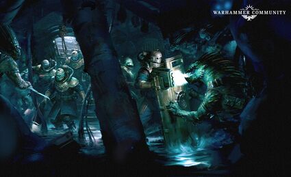 Kroots y Abordadores de la Armada Imperial enfrentándose en los pasillos del Horcasombría