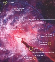 Mapa Imperial del Departamento Cartographicae detallando la antigua ubicación de Caliban en el Segmentum Obscurus