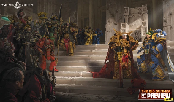 Roboute Guilliman y Rogal Dorn discutiendo en presencia de Vulkan, Jaghatai, Lion El'Jonson, y Constantin Valdor.