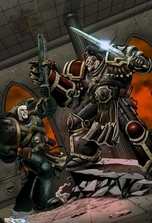 Abbadon y Loken enfrentándose en las ruinas de la Ciudad Coral