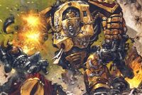 Sagittarus, Dreadnought Desprecio Venerable del Adeptus Custodes, luchando contra las Legiones Traidoras en Terra.