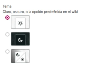 Elige el que prefieras: tema claro u oscuro, ¡o el que el wiki que estás visitando haya elegido como predeterminado!