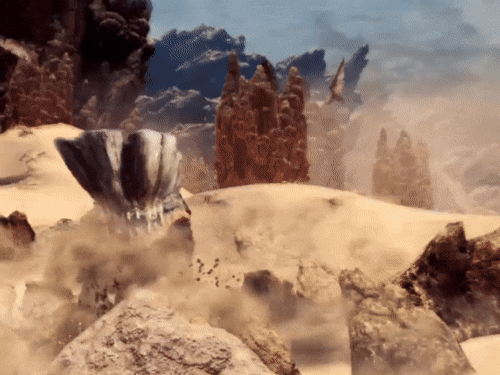 Monster Hunter World Cutscene: Diablos emerges from its burrow to attack its prey.