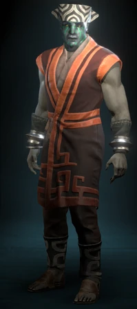 Officer uniforms, like this one belonging to Hazanui Karū, are strictly utilitarian, distinguished by the crested hat.