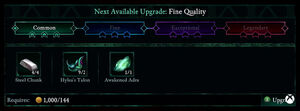 The quality upgrades available on a unique item. This item's quality level is "Common Quality, +3/3.