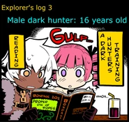 My class is the one where we study our enemies, improve our skills, and hunt monsters in the most efficient way. My mom tried to stop me, but I left my family and village for Etria. I'm studying to become a world-famous Dark Hunter, the best there ever was! Today's lesson was, "Make four bonds on the neck, chest, stomach, and groin, using your whip. After that..." I'm kind of wondering if I really want to be world-famous... in this way...]]