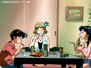 Ritsuko having dinner with Shinji and Misato