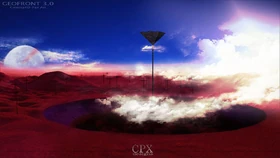 Una panorámica del GeoFront y el horizonte junto con un par de imágenes para ilustrar mejor su forma. Noten la grieta en forma de dientes y los triángulos en la base del crater violeta. También se pueden apreciar cráteres lunares sobre la pirámide, el monte Fuji, una textura a forma de ojo en la base y la columna con su textura espiralada.