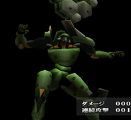 Full-body shot of Evangelion Unit-α with its lasers ready to fire