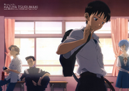 Artwork of with Toji, Kensuke, Shinji and Rei, illustration by Kazuya Tsurumaki.