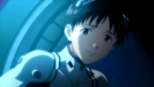 Shinji sonriendo a Rei (Rebuild 1.0)