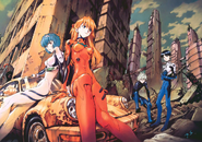 Artwork of Asuka and the Evangelion pilots in a destroyed city