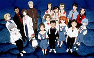 Artwork of Shinji with the cast of the series