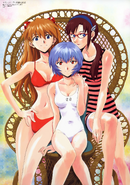 Illustration of Asuka, Rei and Mari by Fumio Iida.