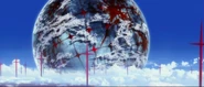 The ocean filled with crosses after Near Third Impact in Rebuild of Evangelion