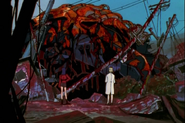 Ritsuko and Misato contemplate Evangelion Unit-03's destroyed head