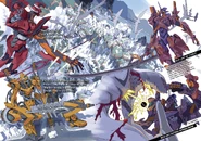 Evangelion Unit-01 Type F during the battle against the Mass Production Evangelions, illustration by Ikuto Yamashita.
