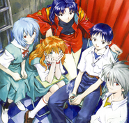 Asuka with Misato and the other pilots, illustration by Yoshiyuki Sadamoto.