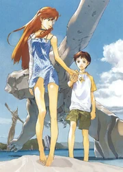 Artwork featured in MOVIC '01 calendar, illustrated by Takeshi Okazaki, showing Asuka and Shinji on the beach later.