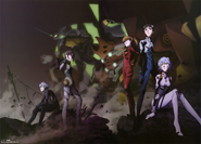 Artwork of Shinji, Rei, Asuka, Mari and Kaworu alongside Unit-01, Unit-00 and Unit-02 by Takeshi Honda.