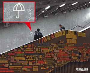 A0601b.gif (474 KB) 女童在連儂牆用粉筆畫花(小圖)後,警方即封鎖整條樓梯調查。 (《蘋果日報》圖片)