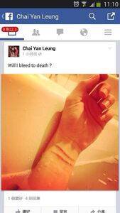 梁齊昕facebook上載懷疑「自殘照」，更留言稱「Will I bleed to death?」