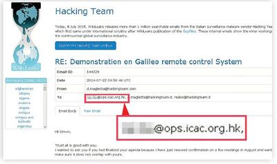 88eb22e3e3066b9f2fd23d7645fb8611.jpg (36 KB) 維基解密披露,廉署一名首席調查主任2014年曾電郵一黑客公司,表示對一款監控軟件有興趣,並邀請對方安排軟件示範。(維基解密撮圖)