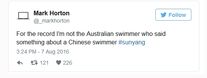 強國網民把英國的Mark Horton當成澳洲的Mack Horton騷擾，前者在Twitter發文澄清