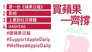 SupportAppleDaily, WeNeedAppleDaily.jpg (117 KB) 《蘋果日報》呼籲讀者購買一份《蘋果日報》,拍照上載至社交媒體,再標註hashtag「#撐蘋果日報」、「#SupportAppleDaily」、「#WeNeedAppleDaily」。