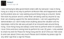 Kenny G於facebook專頁發文，與佔中劃清界線。