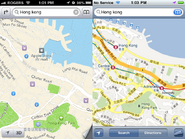 蘋果地圖（左）與Google地圖（右）同一縮放程度下的中環，可見蘋果地圖資料不夠詳盡，地標就只有蘋果旗艦店，甚至顯示碼頭對出仍未填海
