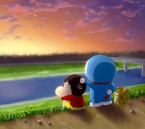 多啦A夢安慰蠟筆小新（兩者作者皆已去世）