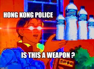 嘲諷警察把水樽當作武器一事的meme圖