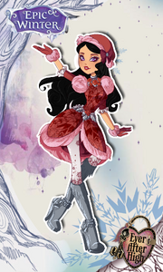 A drawing of Rose de Beaute in her Epic Winter dress. It's a red dress with a round, split skirt, puffball sleeves over three-quarter undersleeves, and rose and ice themed accessories over gradient white-to-pink snowflake tights and tall, silver boots detailed to look like icicles. She wears a fur-lined red stocking hat with a bow on the side over long, black, wavy hair.