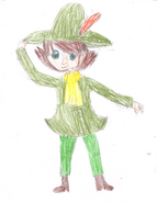 Isidore's Halloween costume. (He's dressed as Snufkin from Moomin.)