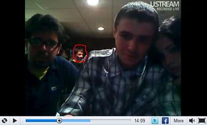 Evan with purple tape on his mouth in one of the UStreams.