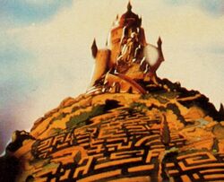 A poster artwork of both King Jareth's Castle and the Goblin City at the center of the Labyrinth.