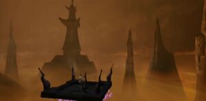 A view of Shinnok's Spire in the Netherrealm.