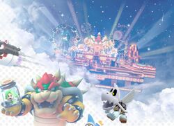 A promotional artwork of Bowser and his amusement park-like kingdom Bowser World (World Bowser).