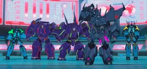 Cyclonus and his armada-Skyjack, Treadshock, Riotgear, and a reluctant Cyberwarp confronting the Bee Team.