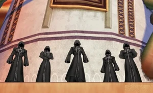 The Organization XIII wearing their Black Coats as seen in an omitted scene of Hollow Bastion in the trailer of Kingdom Hearts II.