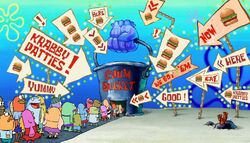 A long line of hungry customers over at the Chum Bucket restaurant.