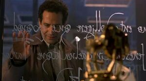 Arthur Kriticos (The Broken Heart) examines Barrier Spells both written in Latin and etched into a pane of Ectobar Glass.