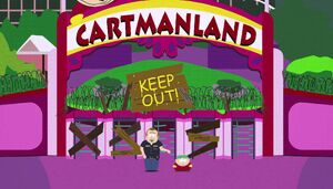 Cartman and his newly hired security guard outside the Cartmanland.