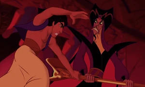 Jafar facing Aladdin in a decisive confrontation to determine Agrabath's fate.