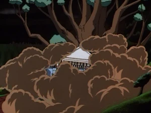 The Eternal Youth Spa, now ruined by a growing giant tree.