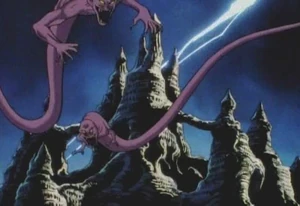 A possibly original depiction of the Dark Kingdom (the Negaverse) with a gigantic evil palace and flying, dark Negamonsters surrounding it in the Sailor Moon anime.