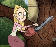 Amber wielding a chainsaw