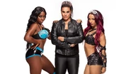 Sasha Banks with Naomi (left) and Tamina (center) as part of Team B.A.D.