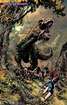 Running from a T-Rex devouring a group of cavemen